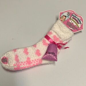 Valentine Pink and White Heart Scented Fuzzy Socks Non Skid
